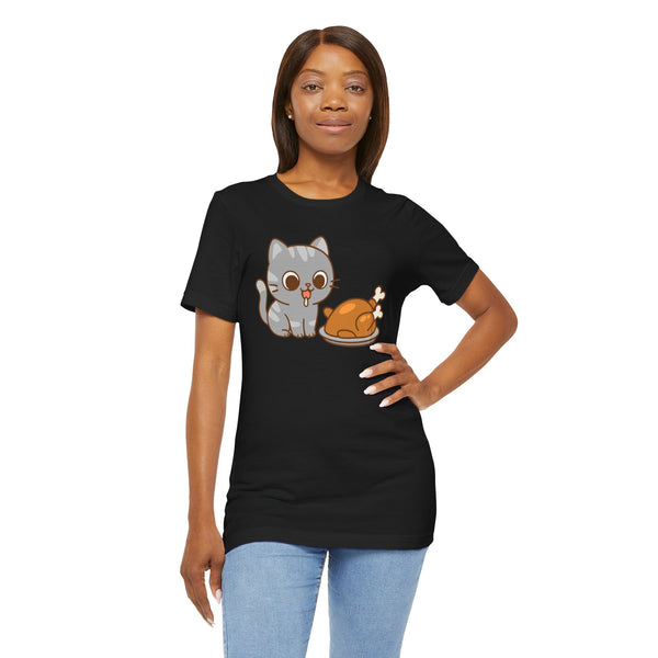 Black crew-neck T-shirt with cartoon cat and turkey graphic