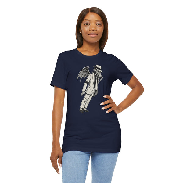Navy short-sleeve T-shirt with front print showing a character and top hat