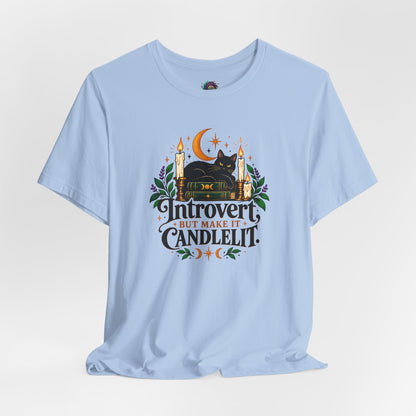Introvert But Make It Candlelit T-shirt - Witchy Bookish Cat Tee
