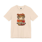Beige crew-neck T-shirt with pumpkin spice coffee chat graphic