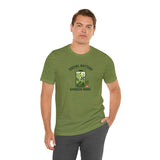 Olive green men’s graphic T-shirt with “Social Battery Charging” and “Garden Mode”