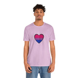Lavender crew-neck T-shirt with centered heart graphic in pink and navy