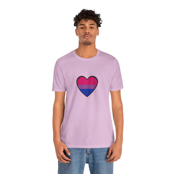 Lavender crew-neck T-shirt with centered heart graphic in pink and navy