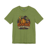 Olive green witch and pumpkin graphic T-shirt with “Gourd Intentions” text on front