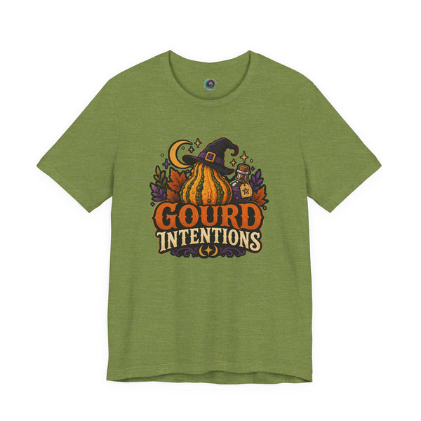 Olive green witch and pumpkin graphic T-shirt with “Gourd Intentions” text on front