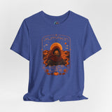 Blue crewneck t-shirt with orange sci-fi spice graphic featuring a hooded figure