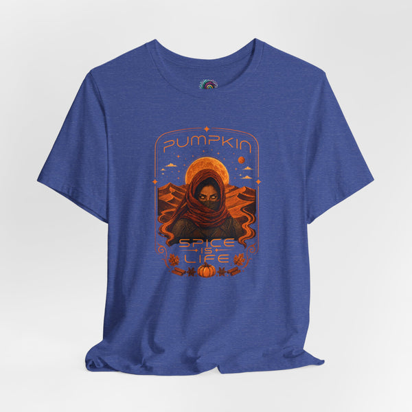 Blue crewneck t-shirt with orange sci-fi spice graphic featuring a hooded figure