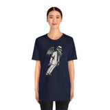 Navy short-sleeve T-shirt with a front graphic of a character in a top hat