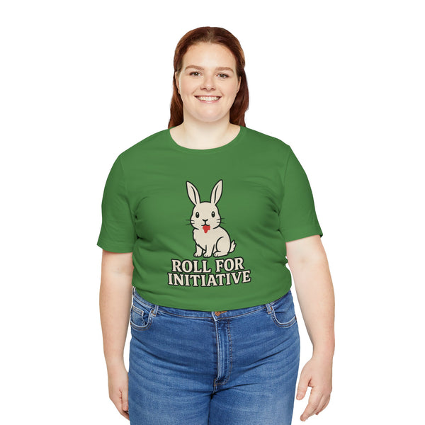 Green crewneck t-shirt with bunny graphic and 'Roll for Initiative' on the chest
