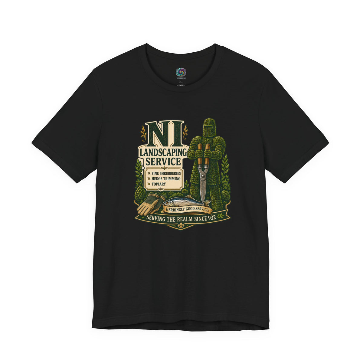 Black crew-neck T-shirt with green gardening-themed graphic on the chest