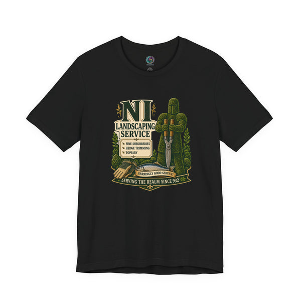Black crew-neck T-shirt with green gardening-themed graphic on the chest