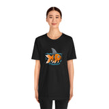 Black crewneck t-shirt with orange fish and shark fin graphic, front view