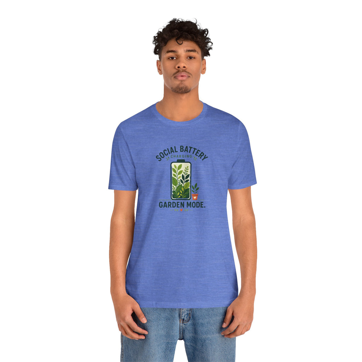 Blue crew-neck T-shirt with “Social Battery” garden mode text and plant graphic