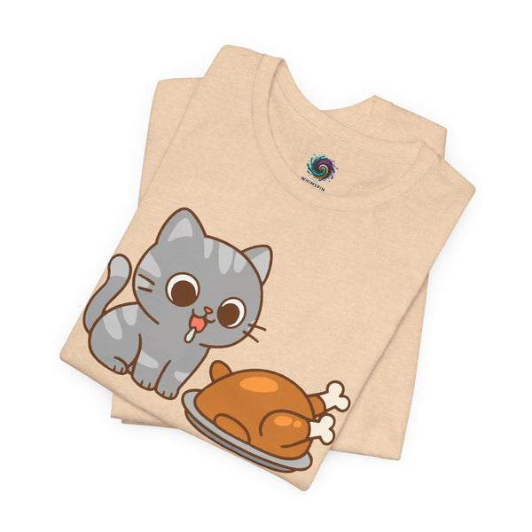 Beige crew-neck T-shirt with cute cartoon cat and turkey graphic