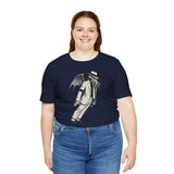 Navy short-sleeve T-shirt with front print of a character in a top hat