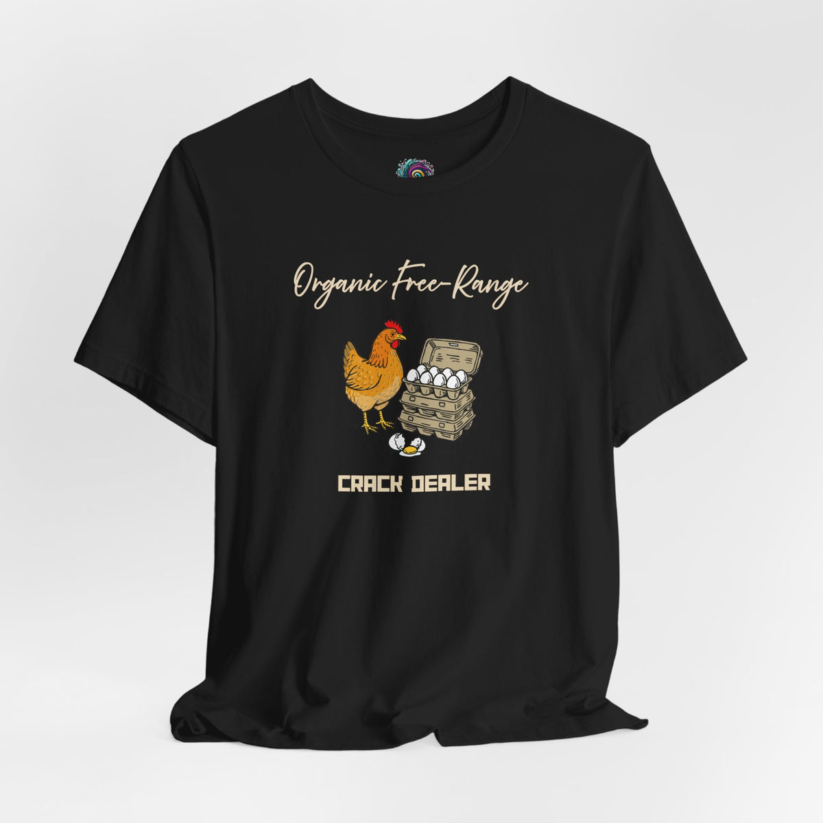 Black graphic T-shirt with chicken-and-eggs illustration and 'Crack Dealer' text
