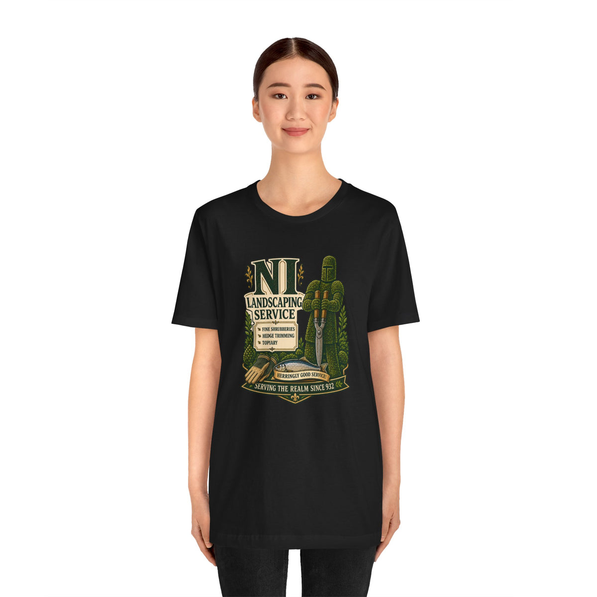 Black crew-neck T-shirt with landscaping service graphic, straight-on front model