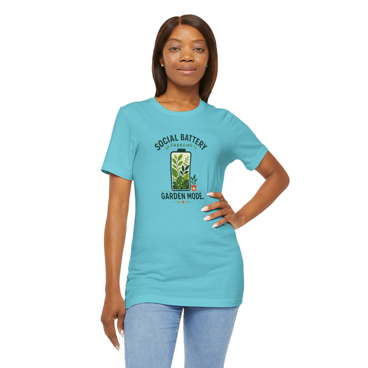 Turquoise short-sleeve T-shirt with garden mode battery graphic on front