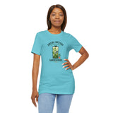 Turquoise short-sleeve T-shirt with garden mode battery graphic on front