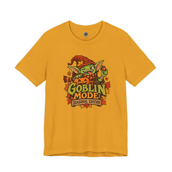 Mustard yellow crew-neck graphic t-shirt with goblin mascot and colorful 'Goblin Mode' print