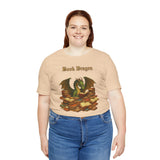 Tan crew-neck t-shirt with Book Dragon graphic, relaxed fit