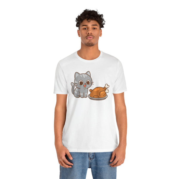 White t-shirt on model with gray cat and orange turkey illustration