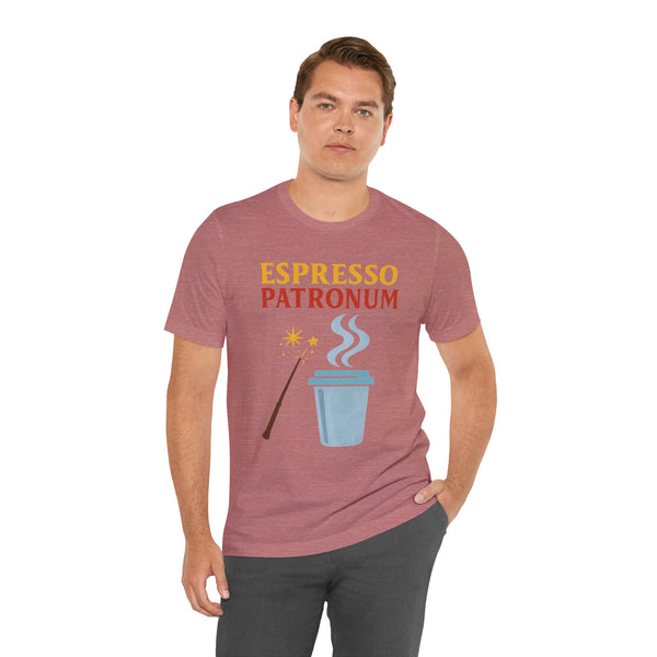 Mauve T-shirt with "Espresso Patronum" design and blue coffee cup with steam lines