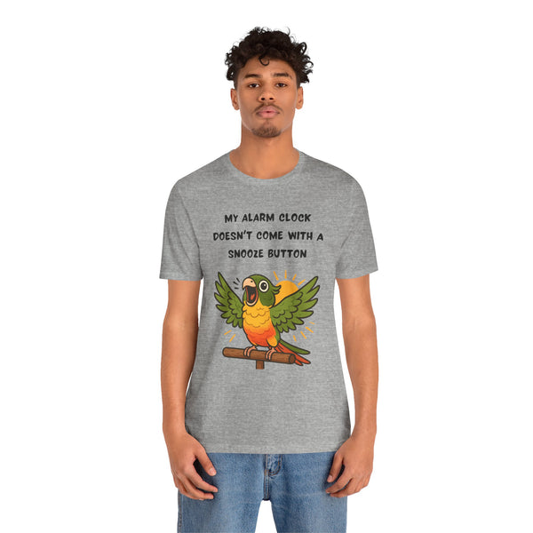 Heather gray parrot alarm T-shirt, front view with slogan above conure illustration