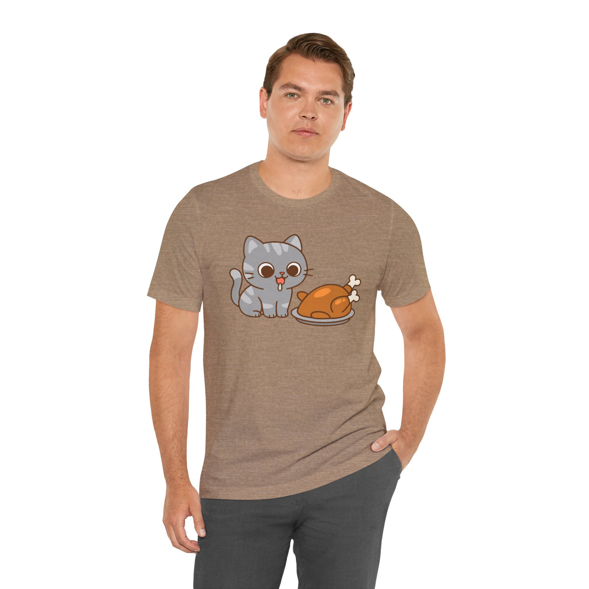 Heather brown cat and turkey graphic T-shirt, crew neck short-sleeve, front view