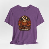 Purple short-sleeve T-shirt with orange pumpkin spice cauldron graphic on chest