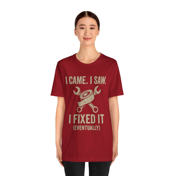 Maroon crew-neck T-shirt with DIY tools print and “I Came I Saw I Fixed It (Eventually)”