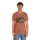 Rust-brown crewneck T-shirt with colorful campfire cryptid graphic across chest