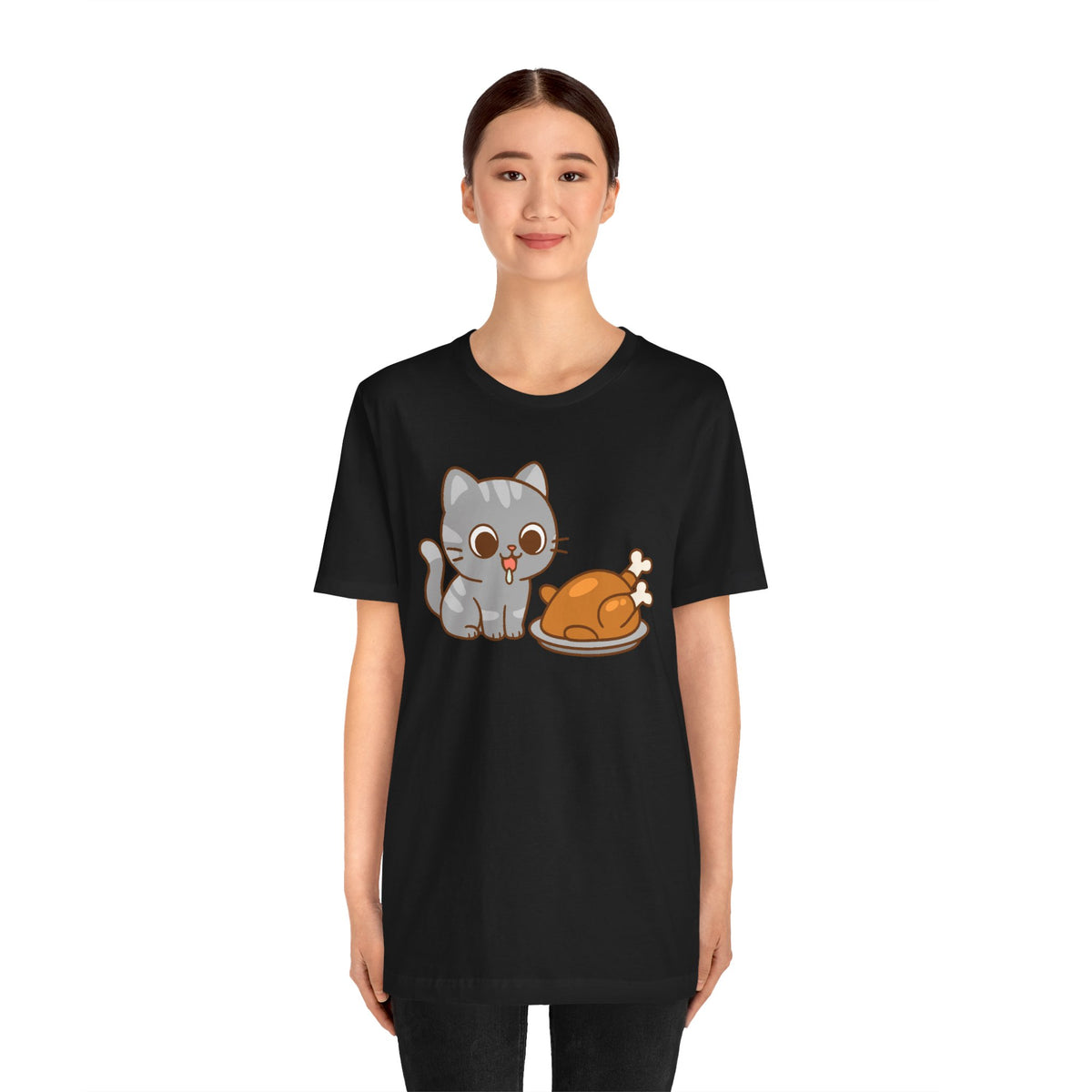 Black crew-neck t-shirt with cat and turkey graphic, worn by model front view