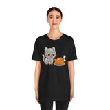 Black crew-neck t-shirt with cat and turkey graphic, worn by model front view