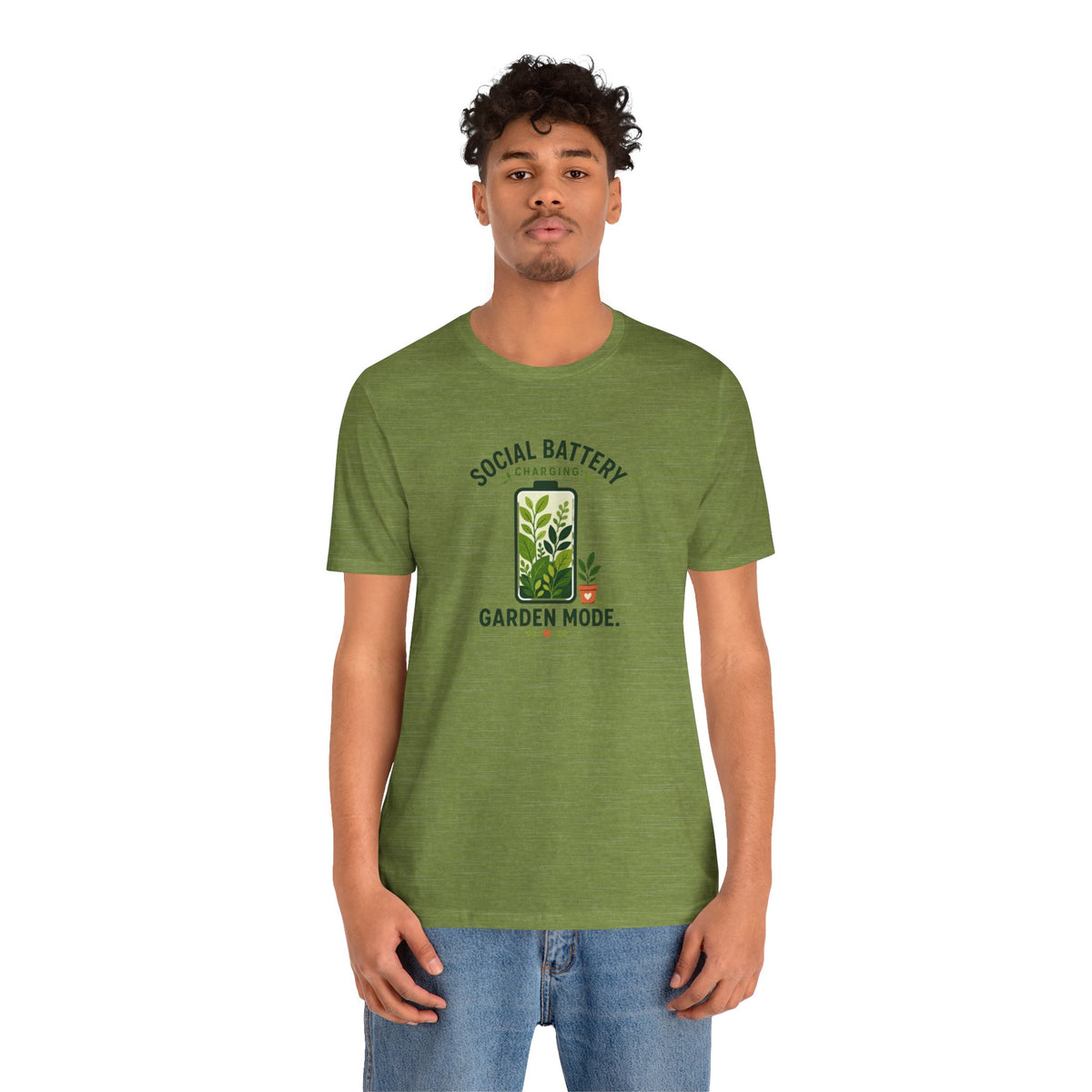 Olive green T-shirt with central plant battery graphic reading “Garden Mode”