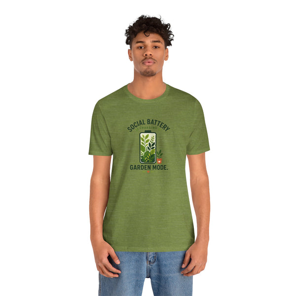 Olive green T-shirt with central plant battery graphic reading “Garden Mode”