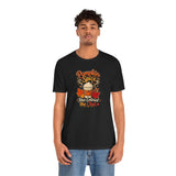 Black crewneck T-shirt with Pumpkin Spice coffee graphic, front view on model