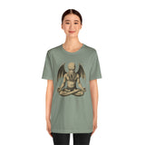 Green unisex T-shirt on model, meditating sea monster graphic