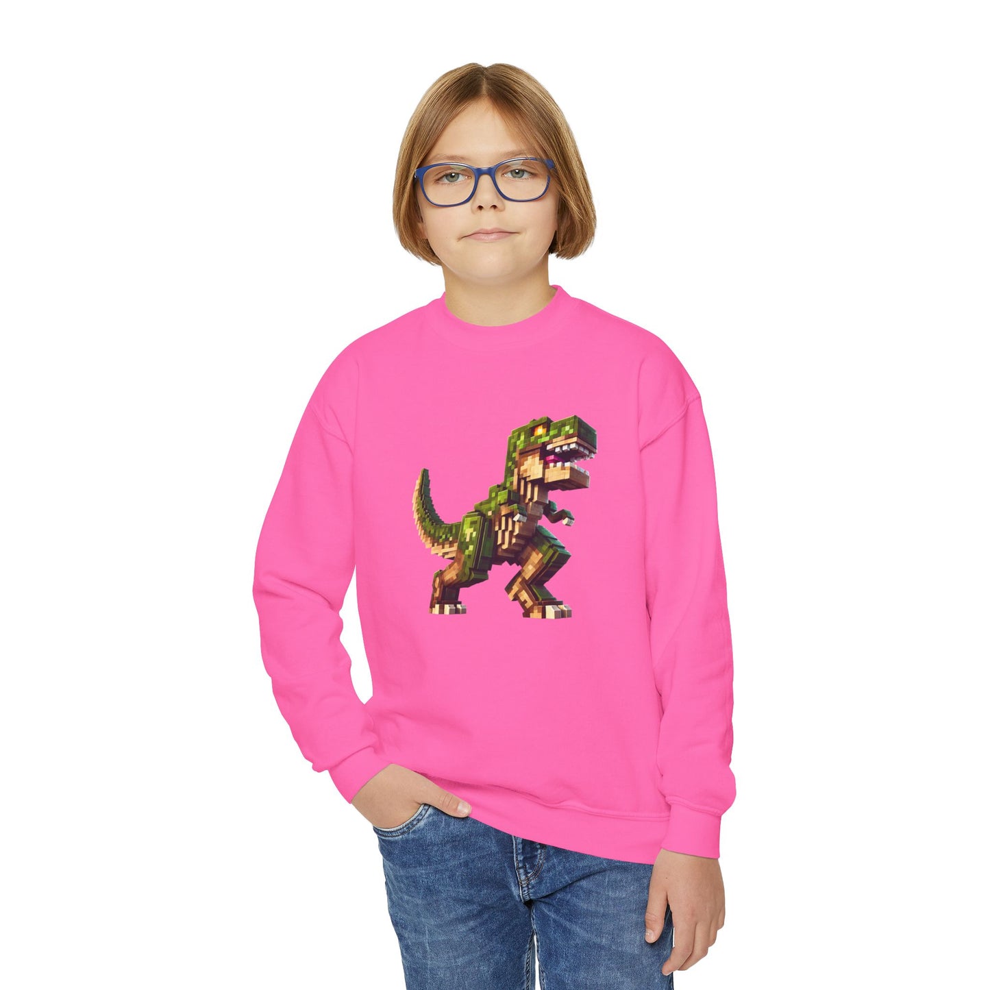 Pixel Dinosaur Youth Sweatshirt – Retro Pixel T-Rex Gamer Hoodie