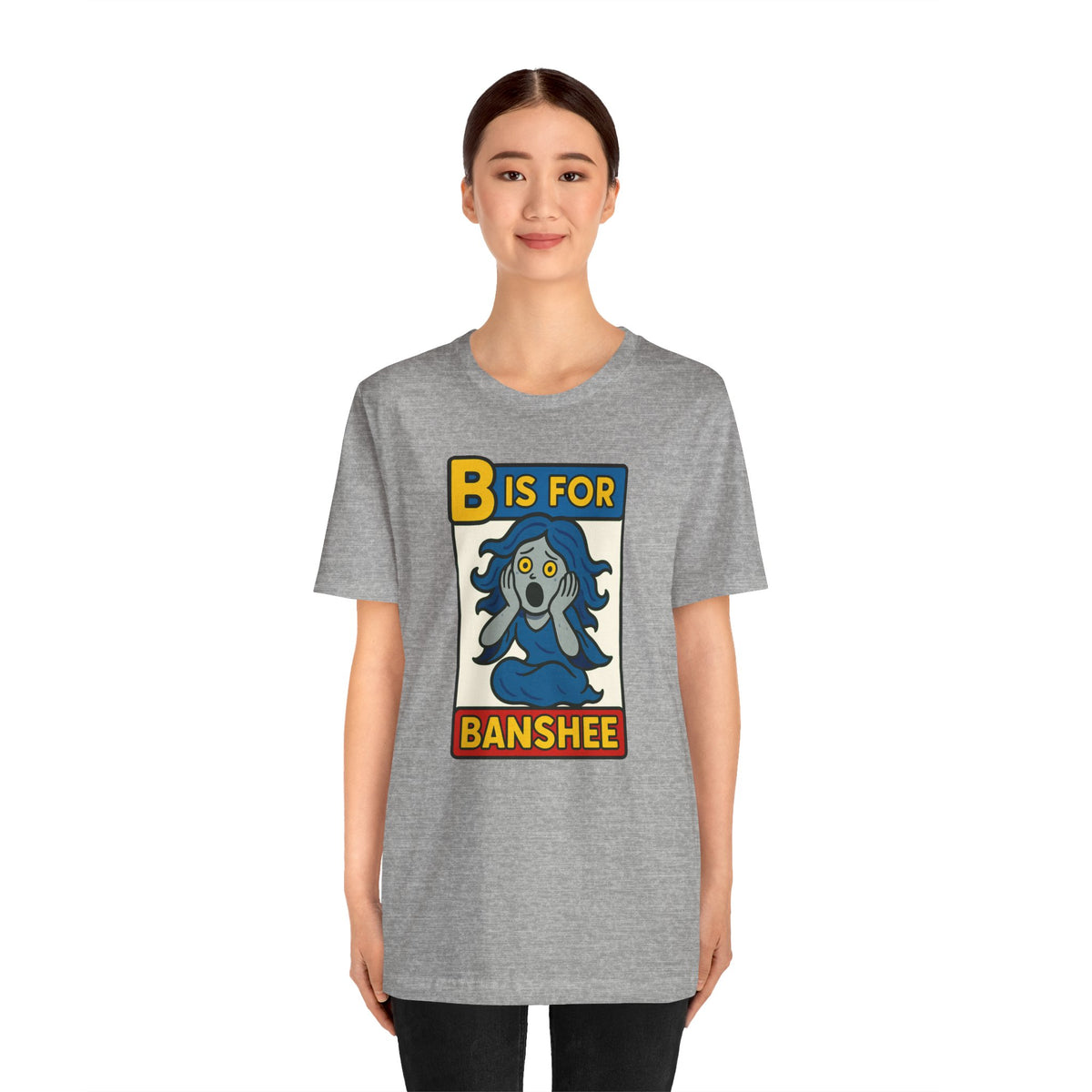 Heather gray short-sleeve T-shirt with “B is for Banshee” cartoon graphic on front