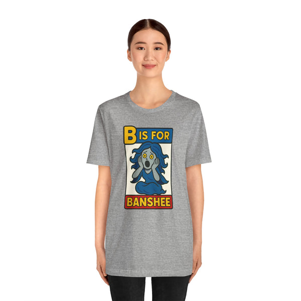 Heather gray short-sleeve T-shirt with “B is for Banshee” cartoon graphic on front