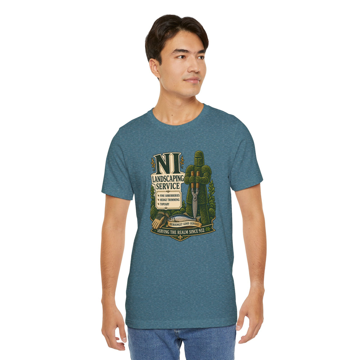 Teal heather crewneck T-shirt with NI landscaping service front graphic
