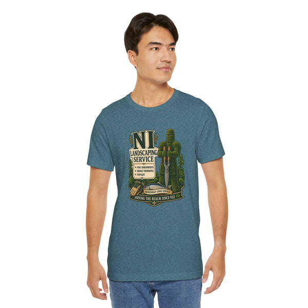 Teal heather crewneck T-shirt with NI landscaping service front graphic