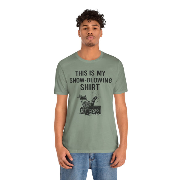 Green crewneck T-shirt with centered snow-blowing graphic, short sleeves
