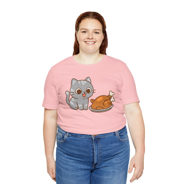Pink crew-neck T-shirt with gray cat and brown roast graphic, chest print.