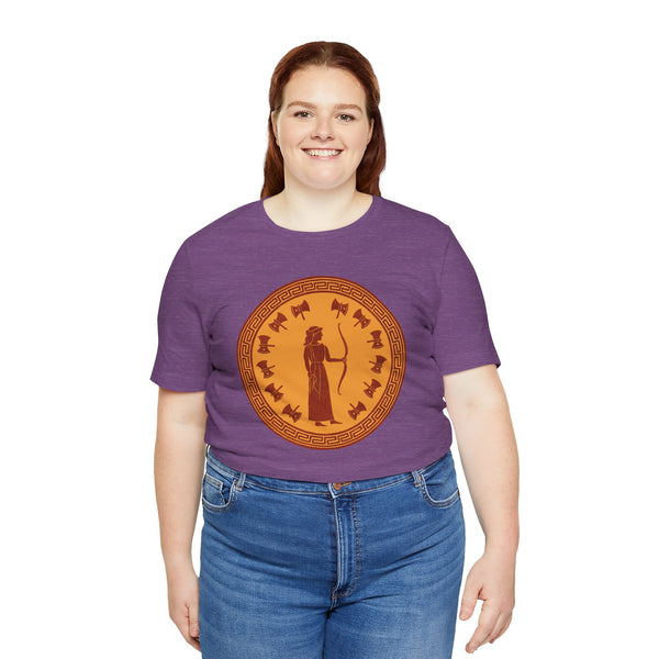 Heather purple crew-neck t-shirt on female model with orange circular graphic