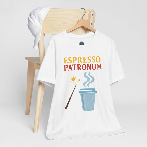 White T-shirt on wooden hanger with espresso-style graphic and crew neck