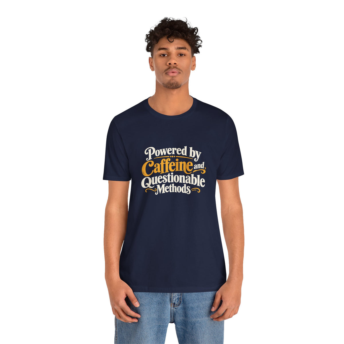 Navy graphic T-shirt with colorful "Powered by Caffeine and Questionable Methods" print