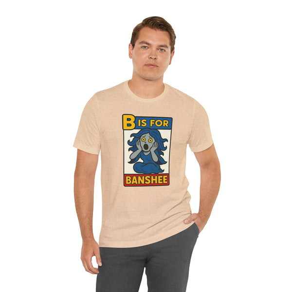 Beige crew-neck T-shirt with centered “B is for Banshee” Halloween design