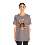Heather gray crew-neck T-shirt with pumpkin spice self-care coffee graphic, front view